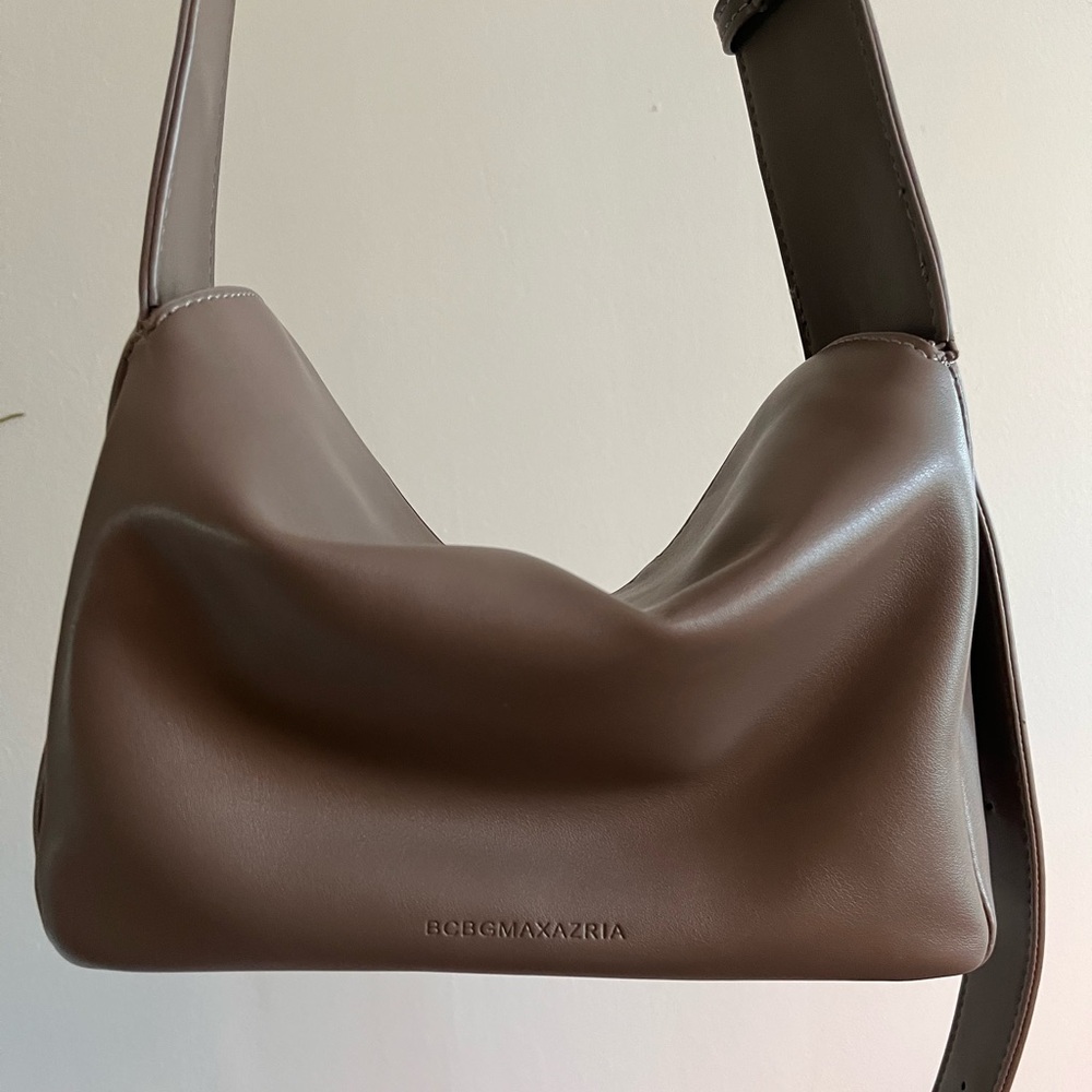 BCBGMAXAZRIA Taupe Leather Funnel Flap Bag
